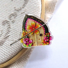 Load image into Gallery viewer, SMALL ACRYLIC Charm NOT CLAY please read description, Orange Flower Fairy Door Needle Minder, Magnet Cross Stitch Sewing Notion
